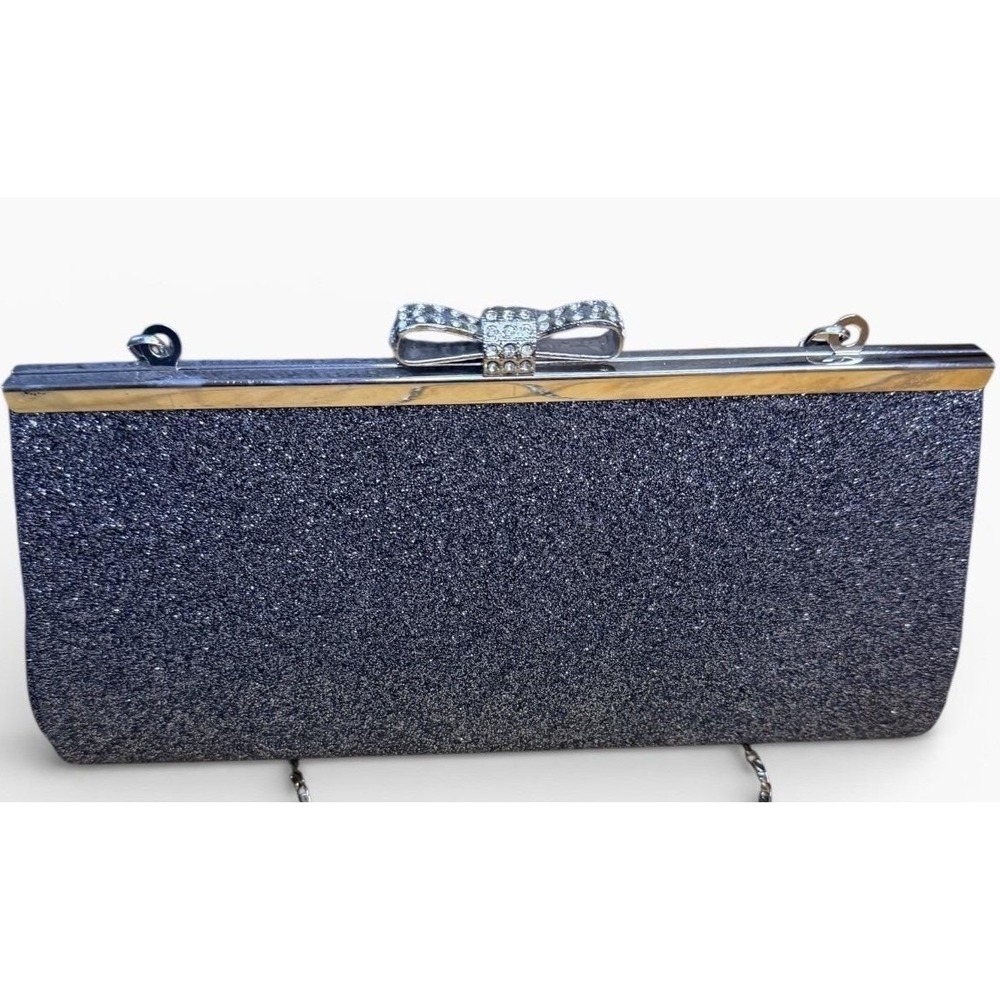 Sparkle Silver Glitter Clutch Evening Bag Rhinestone Bow Silver Chain Strap